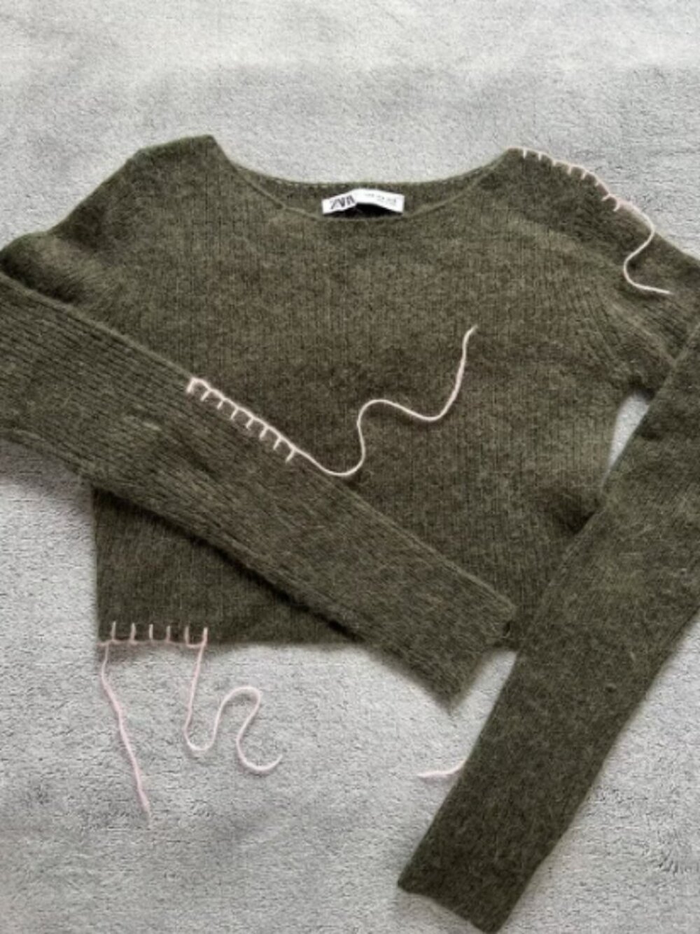 NWT ZARA Olive Green Distressed Cropped Alpaca Wool Blend Sweater Pink Stitching